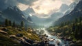 AI generated illustration of a stunning landscape featuring a dramatic mountain range and a river Royalty Free Stock Photo