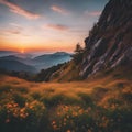 AI generated illustration of rolling hills and a vibrant meadow of wildflowers Royalty Free Stock Photo