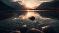 AI generated illustration of a stunning landscape with a serene lake with large rocks Royalty Free Stock Photo