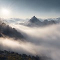 AI generated illustration of A stunning landscape showing a misty mountain range Royalty Free Stock Photo