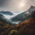 AI generated illustration of A stunning landscape showing a misty mountain range Royalty Free Stock Photo