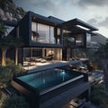 AI-generated illustration of a stunning modern luxury house on the rocky slope of a mountain.