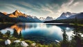 AI generated illustration of stunning mountain landscape mirrored in serene lake waters Royalty Free Stock Photo