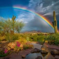 AI generated illustration of a stunning natural landscape featuring a rainbow arcing over a desert