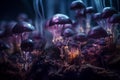 AI generated illustration of a stunning night time scene featuring a variety of lit mushrooms