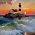 AI generated illustration of A stunning painting of a lighthouse situated on a shoreline