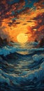 AI generated illustration of a stunning painting of a sunset over the tranquil ocean