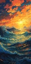 AI generated illustration of a stunning painting of a sunset over the tranquil ocean