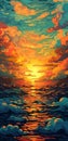 AI generated illustration of a stunning painting of a sunset over the tranquil ocean