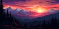 AI generated illustration of a stunning, picturesque sunset over a majestic mountainous landscape