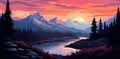 AI generated illustration of a stunning, picturesque sunset over a majestic mountainous landscape
