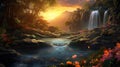 AI generated illustration of a stunning scenic landscape with a waterfall in a lush jungle at sunset Royalty Free Stock Photo