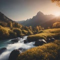 AI generated illustration of a stunning scenic view of a river flowing through a mountain landscape Royalty Free Stock Photo