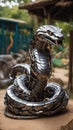 AI generated illustration of a stunning silver metal sculpture of a snake