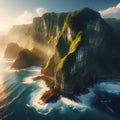 AI generated illustration of a stunning sunrise illuminates the majestic coastal cliffs