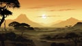 AI generated illustration of a sunset over the horizon, through the silhouettes of mountains