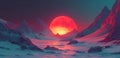 AI generated illustration of a stunning sunset over mountains, evoking a mysterious presence