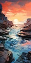 AI generated illustration of a stunning sunset over a tranquil ocean landscape