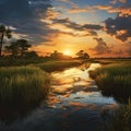 AI generated illustration of a stunning sunset upon a tranquil riverbed surrounded by marshland