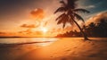 AI generated illustration of a stunning tropical beach scene featuring a palm tree in the sunset Royalty Free Stock Photo