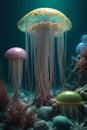 AI generated illustration of A stunning underwater scene featuring a mesmerizing jellyfish