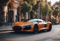 a very nice looking orange sports car parked in the city