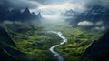 AI generated illustration of a stunning valley featuring a majestic mountain range Royalty Free Stock Photo