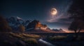 AI generated illustration of a stunning view of a mountain landscape with a full moon in the sky Royalty Free Stock Photo