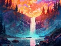 AI generated illustration of A stunning waterfall cascading through a bright blue sky