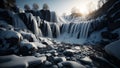 AI generated illustration of a stunning waterfall cascading down over a rocky terrain, with icy snow