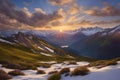 AI generated illustration of a stunning winter valley at sunset, showcasing the golden sun