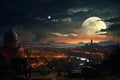 AI generated illustration of a stunningly beautiful night city skyline under the light of a moon