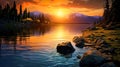 AI generated illustration of a stunningly beautiful sunset over a mountain lake