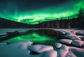 AI generated illustration of a stunningly illuminated Aurora Borealis arching over a tranquil river