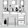 AI generated illustration of a stylish dressing table with mirrors, a lamp, and a stool Royalty Free Stock Photo
