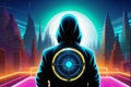 man in hoodie and neon city background in cyber style Royalty Free Stock Photo