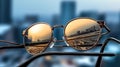 AI generated illustration of a stylish pair of brown-tinted glasses with a reflection of a city