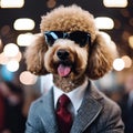 AI generated illustration of a stylish poodle in a suit, wearing sunglasses
