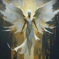 AI generated illustration of a stylized painting of an angelic figure with white and golden hues