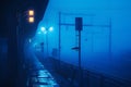 a subway is being approached through the foggy rain at night Royalty Free Stock Photo