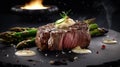 AI generated illustration of a succulent grilled steak accompanied by grilled asparagus