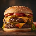 AI generated illustration of a succulent, juicy hamburger with double patties and melted cheese