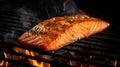 AI generated illustration of a succulent piece of salmon is being cooked over hot coals