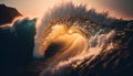 AI generated illustration of a sun-drenched beach with a majestic wave crashing onshore