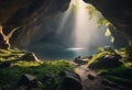 AI generated illustration of A sun-drenched cave with lush green grass and a pond