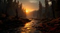a mountain stream surrounded by a forest and a beautiful sunset Royalty Free Stock Photo