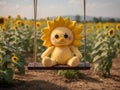 AI generated illustration of a sunflower doll in a field of sunflowers, seated on a swing Royalty Free Stock Photo