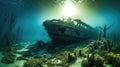 AI generated illustration of A sunken ship resting on the ocean floor Royalty Free Stock Photo