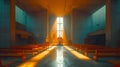 AI generated illustration of sunlight filters through a vacant church adorned with lit candles