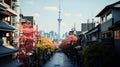 AI generated illustration of a sunlit, empty street lined with a row of buildings on either side Royalty Free Stock Photo